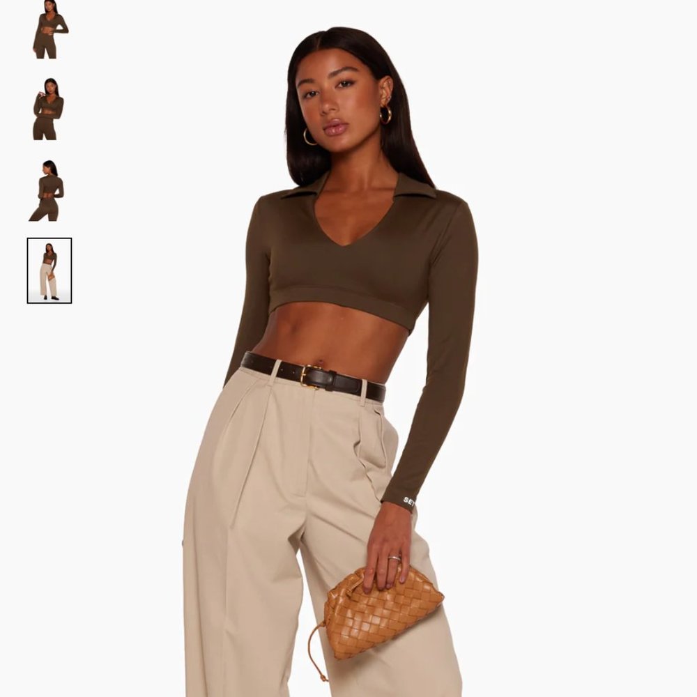 SET Active brown Long-Sleeve Cropped Polo Top